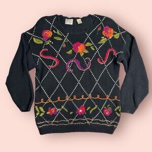 Vtg 80s Needles & Yarn Sweater Large Floral Embroidered Cottagecore Grandmacore